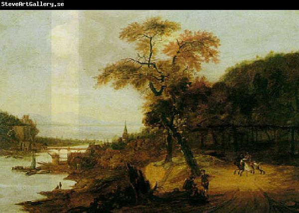 Jacob van der Does Landscape along a river with horsemen, possibly the Rhine.